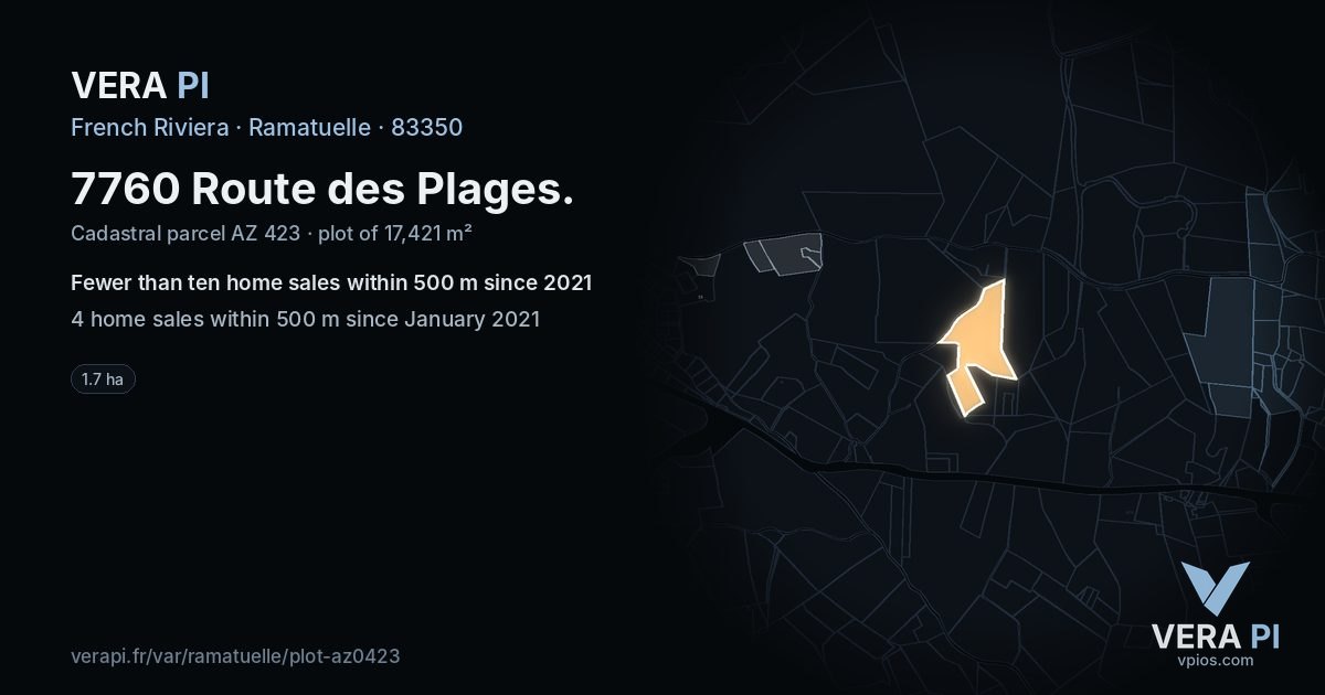 7760 Route des Plages, Ramatuelle at night – the plot lit, the parcels around coloured by the prices near them