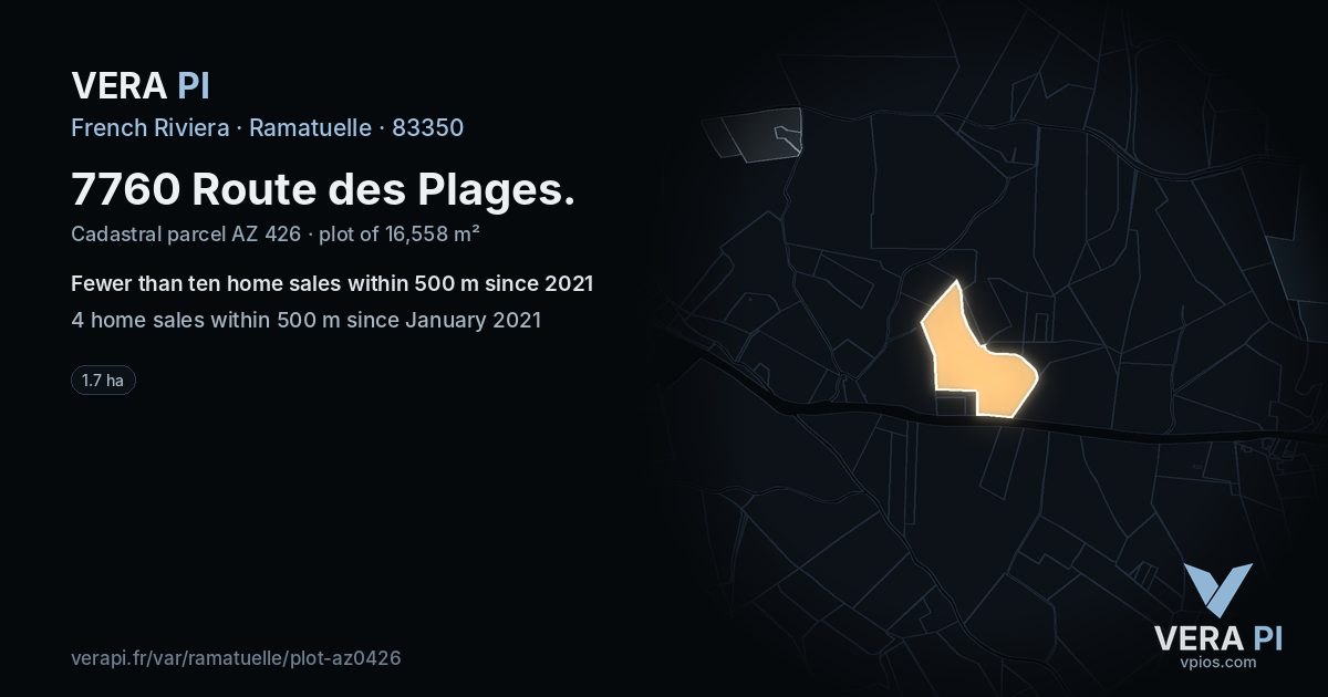 7760 Route des Plages, Ramatuelle at night – the plot lit, the parcels around coloured by the prices near them