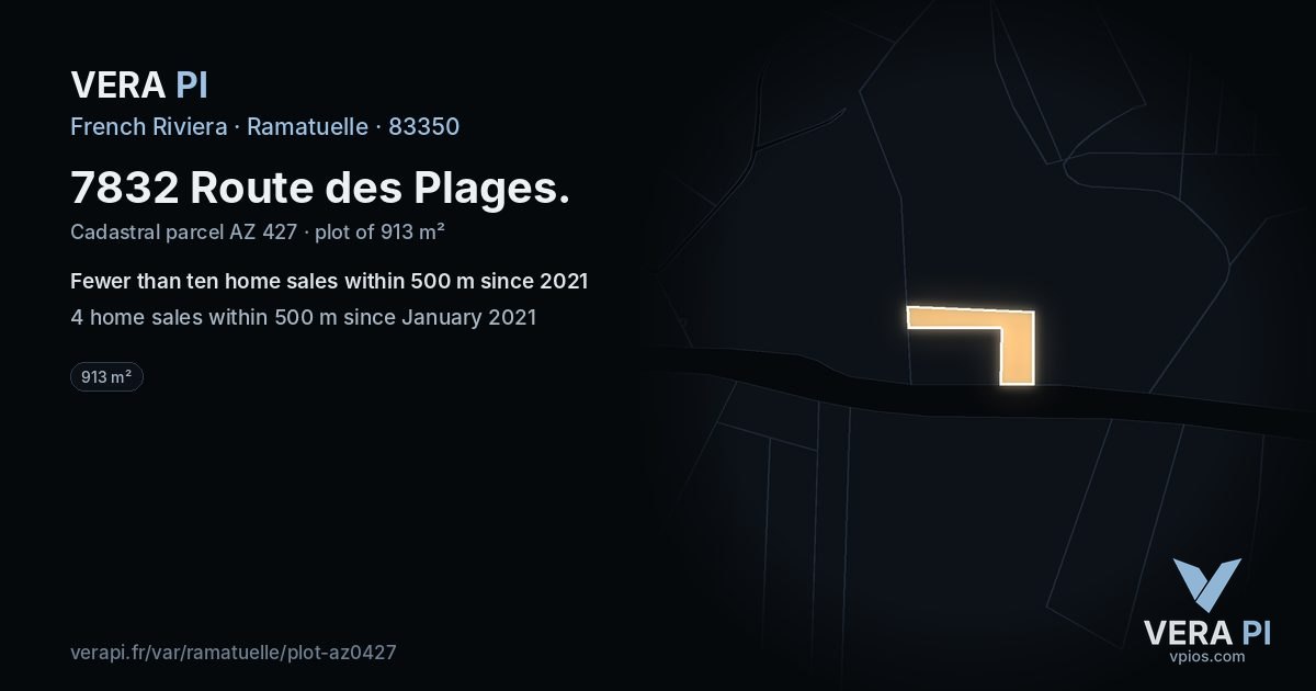 7832 Route des Plages, Ramatuelle at night – the plot lit, the parcels around coloured by the prices near them