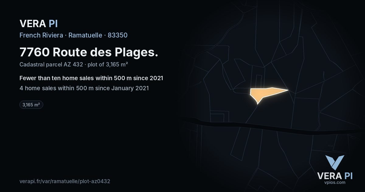 7760 Route des Plages, Ramatuelle at night – the plot lit, the parcels around coloured by the prices near them