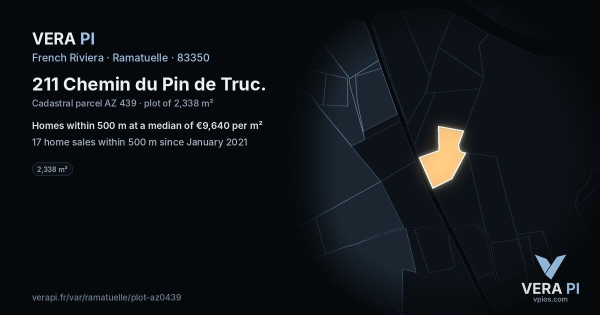 211 Chemin du Pin de Truc, Ramatuelle at night – the plot lit, the parcels around coloured by the prices near them