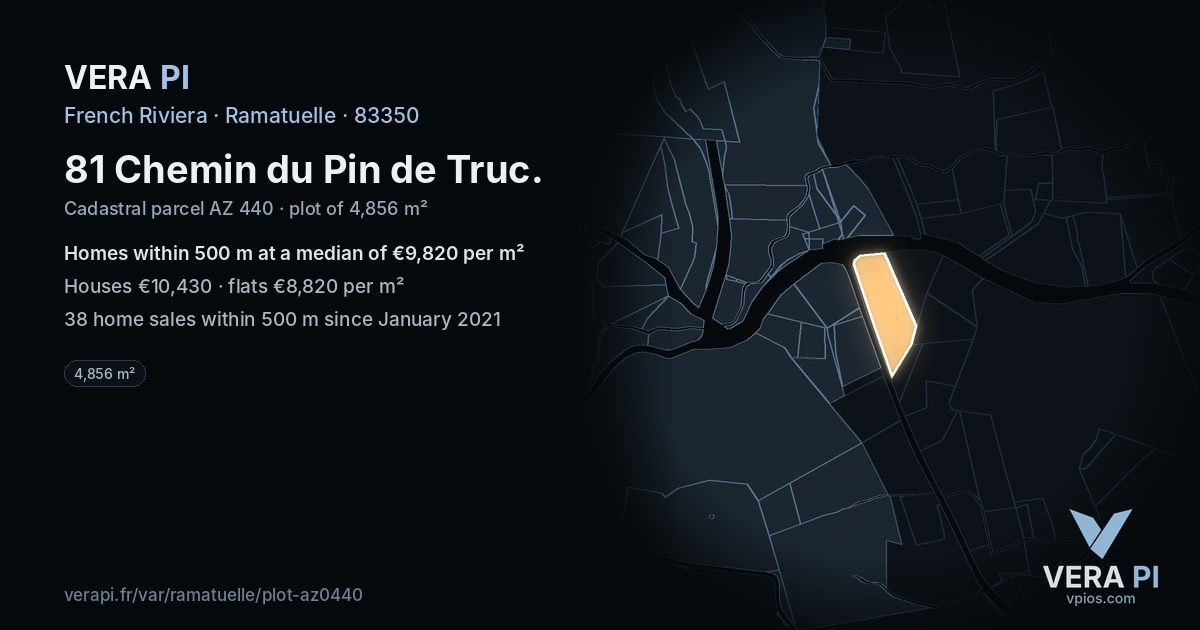 81 Chemin du Pin de Truc, Ramatuelle at night – the plot lit, the parcels around coloured by the prices near them