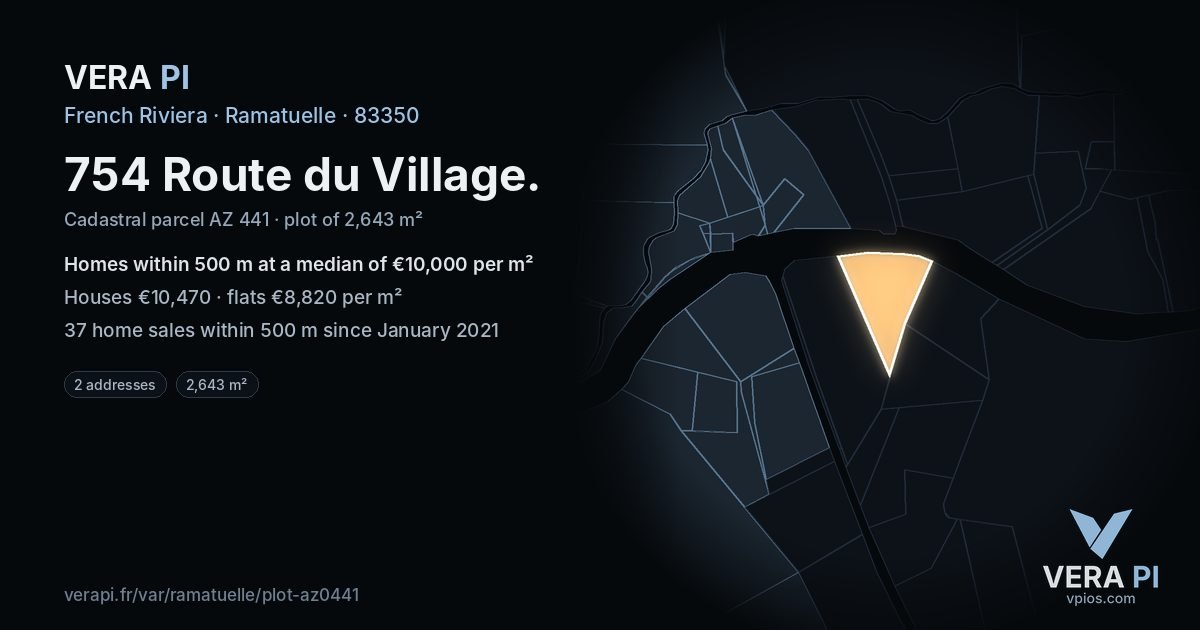 754 Route du Village, Ramatuelle at night – the plot lit, the parcels around coloured by the prices near them