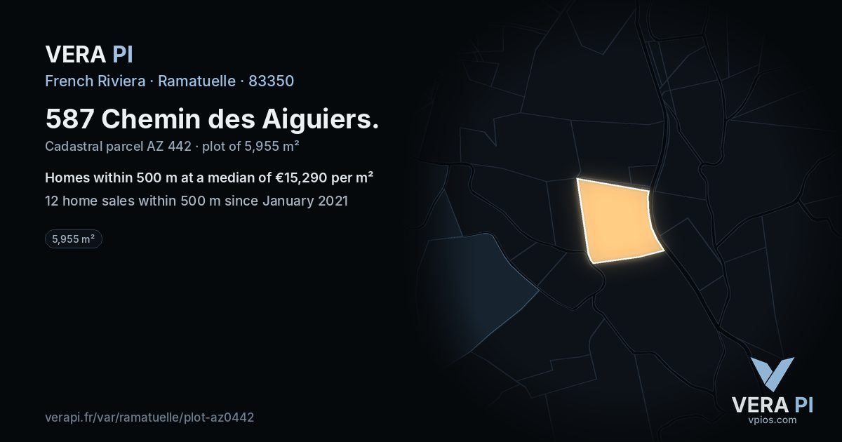 587 Chemin des Aiguiers, Ramatuelle at night – the plot lit, the parcels around coloured by the prices near them