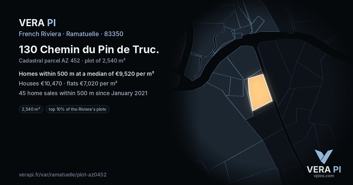 130 Chemin du Pin de Truc, Ramatuelle at night – the plot lit, the parcels around coloured by the prices near them