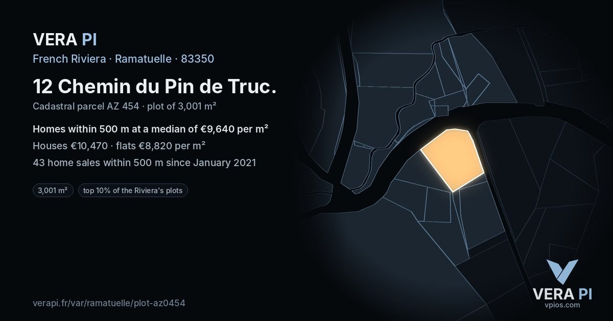 12 Chemin du Pin de Truc, Ramatuelle at night – the plot lit, the parcels around coloured by the prices near them