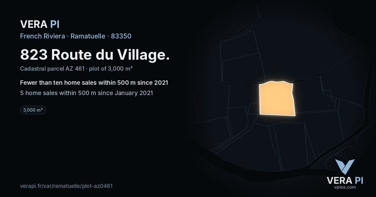 823 Route du Village, Ramatuelle at night – the plot lit, the parcels around coloured by the prices near them