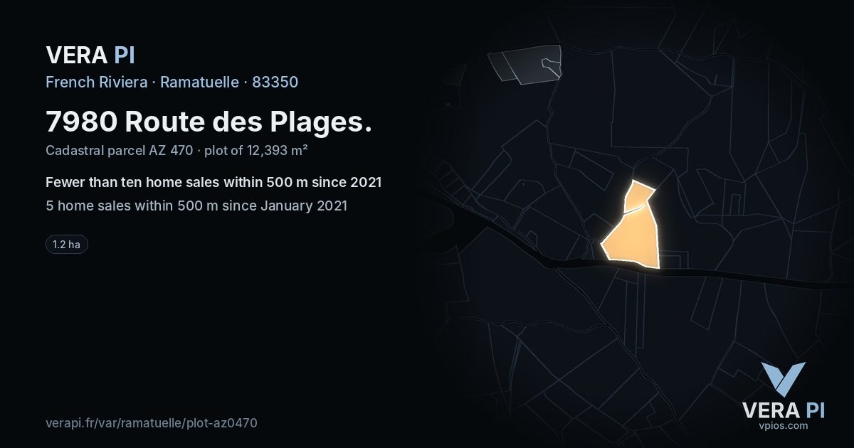 7980 Route des Plages, Ramatuelle at night – the plot lit, the parcels around coloured by the prices near them