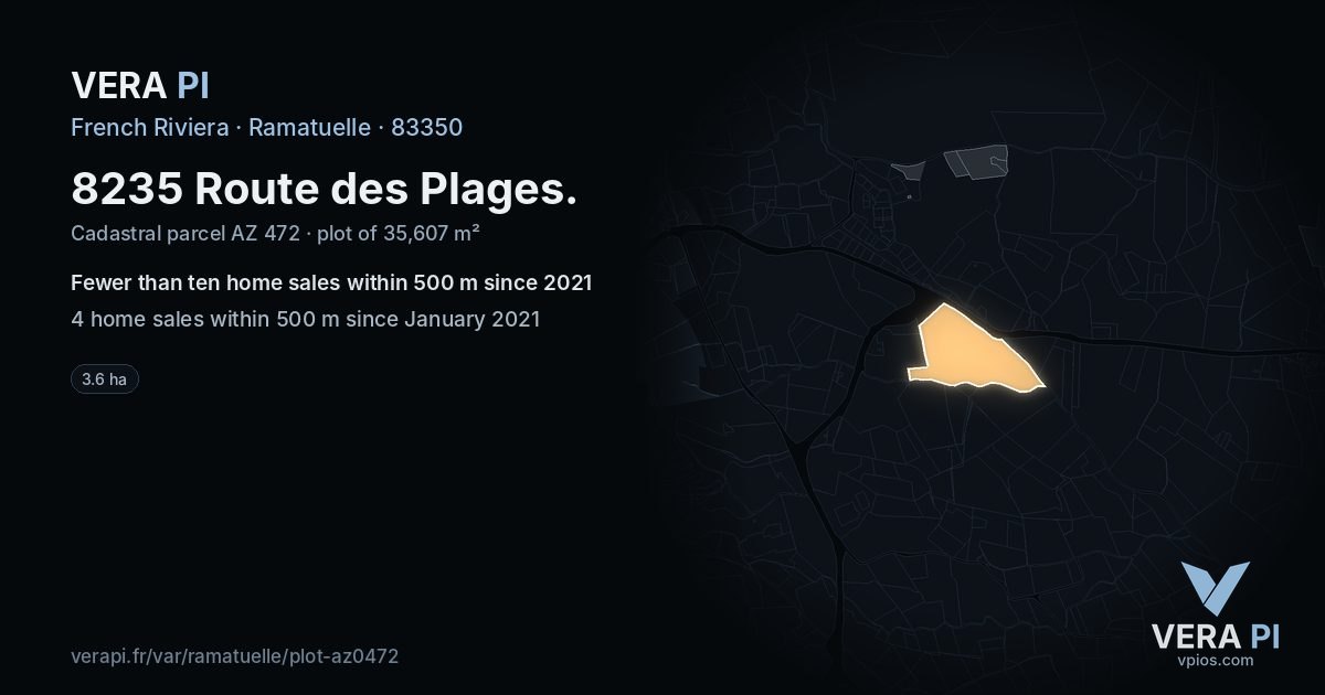 8235 Route des Plages, Ramatuelle at night – the plot lit, the parcels around coloured by the prices near them