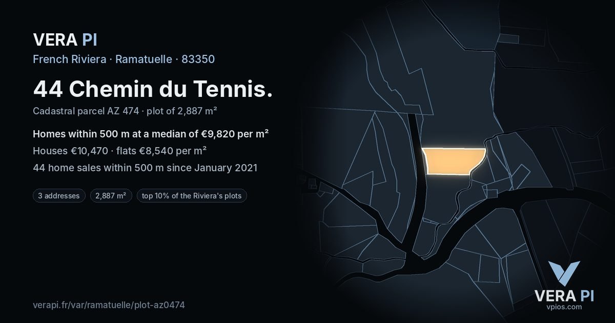 44 Chemin du Tennis, Ramatuelle at night – the plot lit, the parcels around coloured by the prices near them