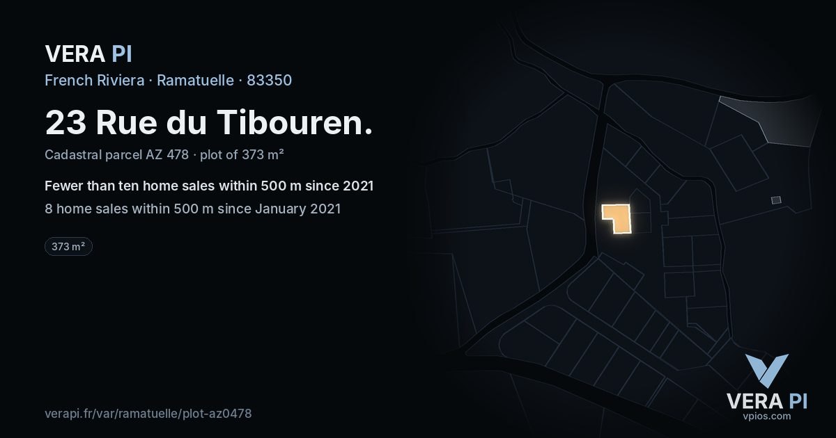 23 Rue du Tibouren, Ramatuelle at night – the plot lit, the parcels around coloured by the prices near them