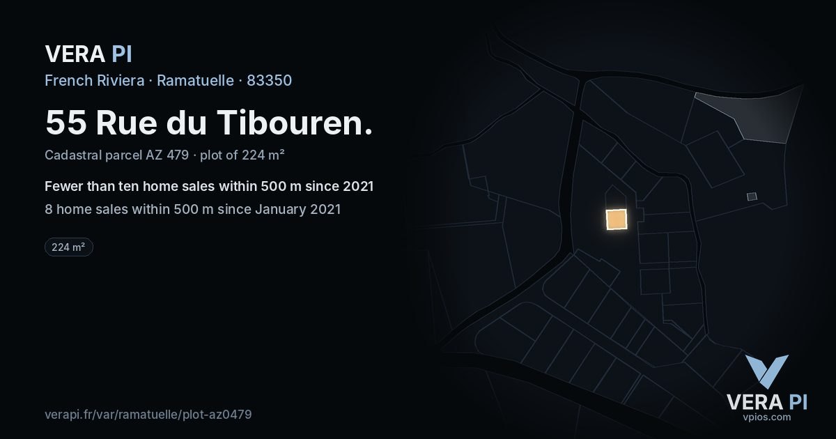 55 Rue du Tibouren, Ramatuelle at night – the plot lit, the parcels around coloured by the prices near them