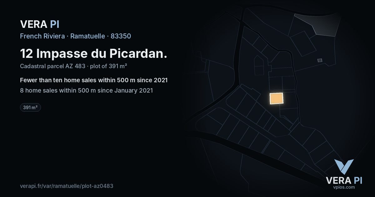 12 Impasse du Picardan, Ramatuelle at night – the plot lit, the parcels around coloured by the prices near them