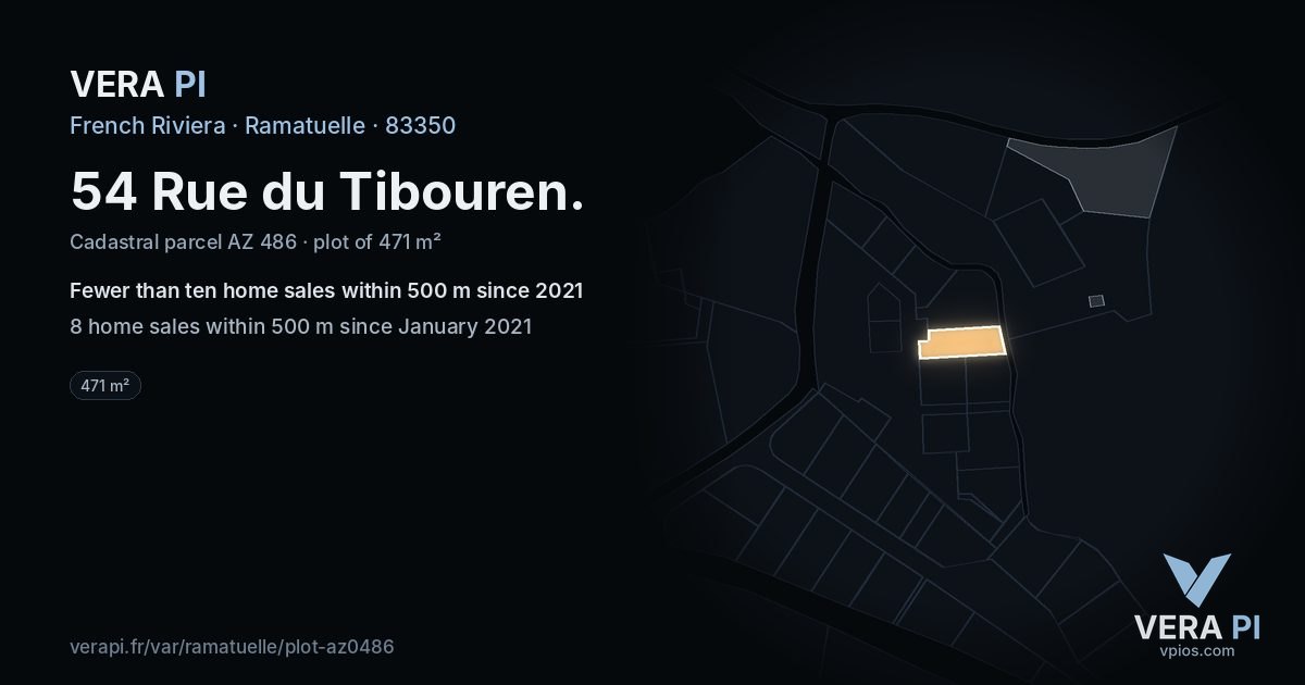 54 Rue du Tibouren, Ramatuelle at night – the plot lit, the parcels around coloured by the prices near them
