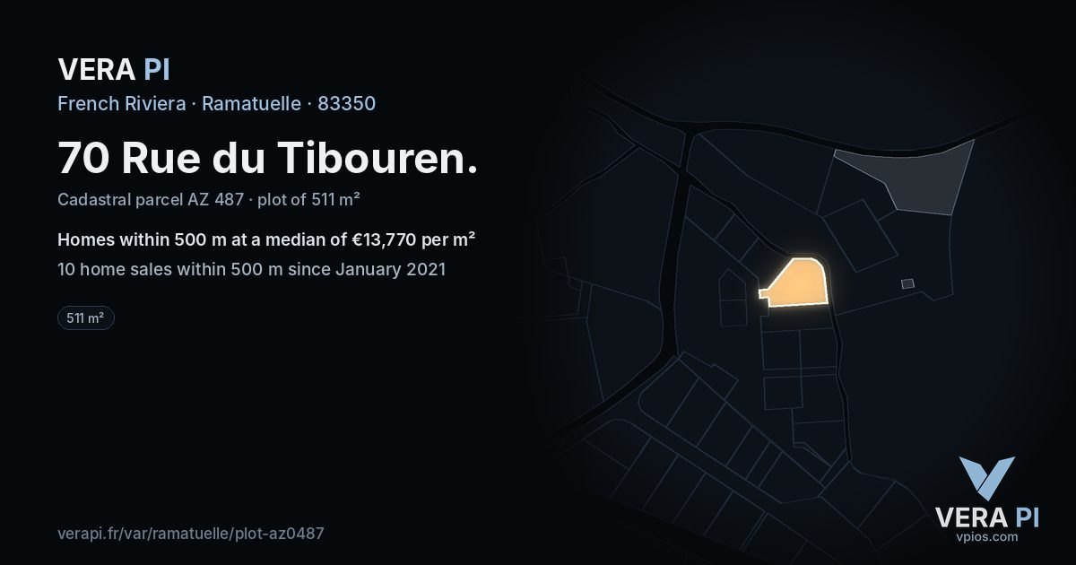70 Rue du Tibouren, Ramatuelle at night – the plot lit, the parcels around coloured by the prices near them