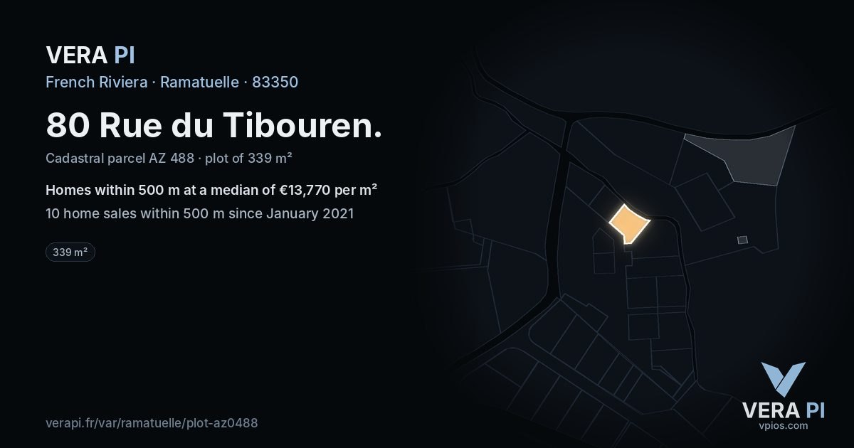80 Rue du Tibouren, Ramatuelle at night – the plot lit, the parcels around coloured by the prices near them