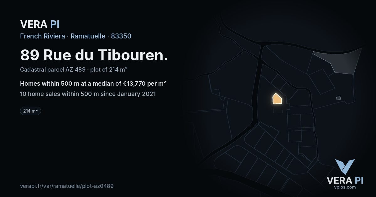 89 Rue du Tibouren, Ramatuelle at night – the plot lit, the parcels around coloured by the prices near them