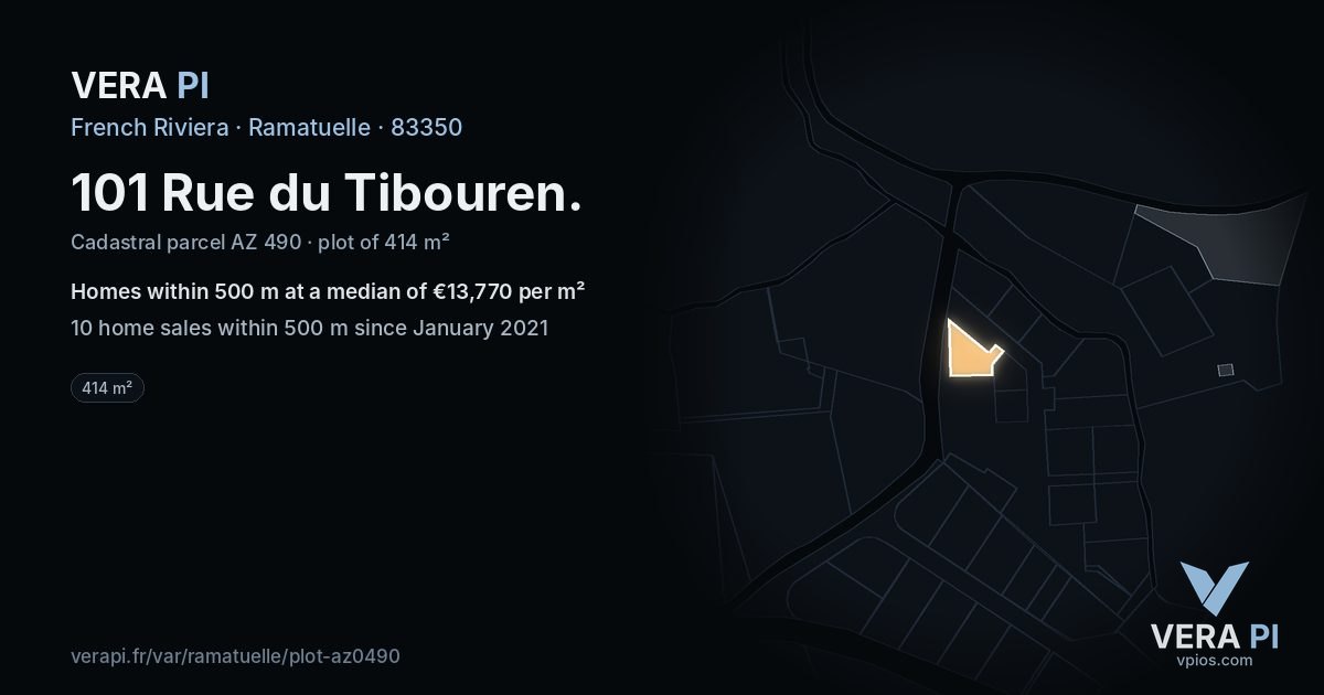 101 Rue du Tibouren, Ramatuelle at night – the plot lit, the parcels around coloured by the prices near them
