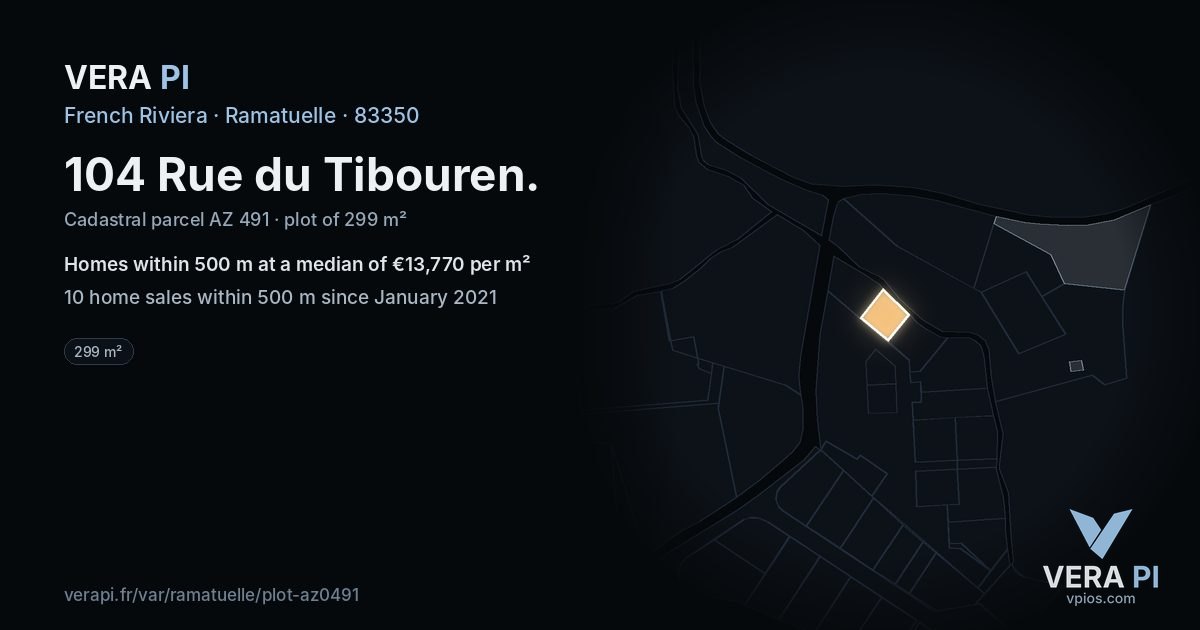 104 Rue du Tibouren, Ramatuelle at night – the plot lit, the parcels around coloured by the prices near them