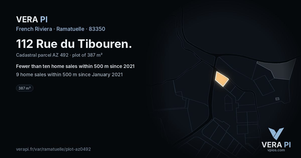 112 Rue du Tibouren, Ramatuelle at night – the plot lit, the parcels around coloured by the prices near them