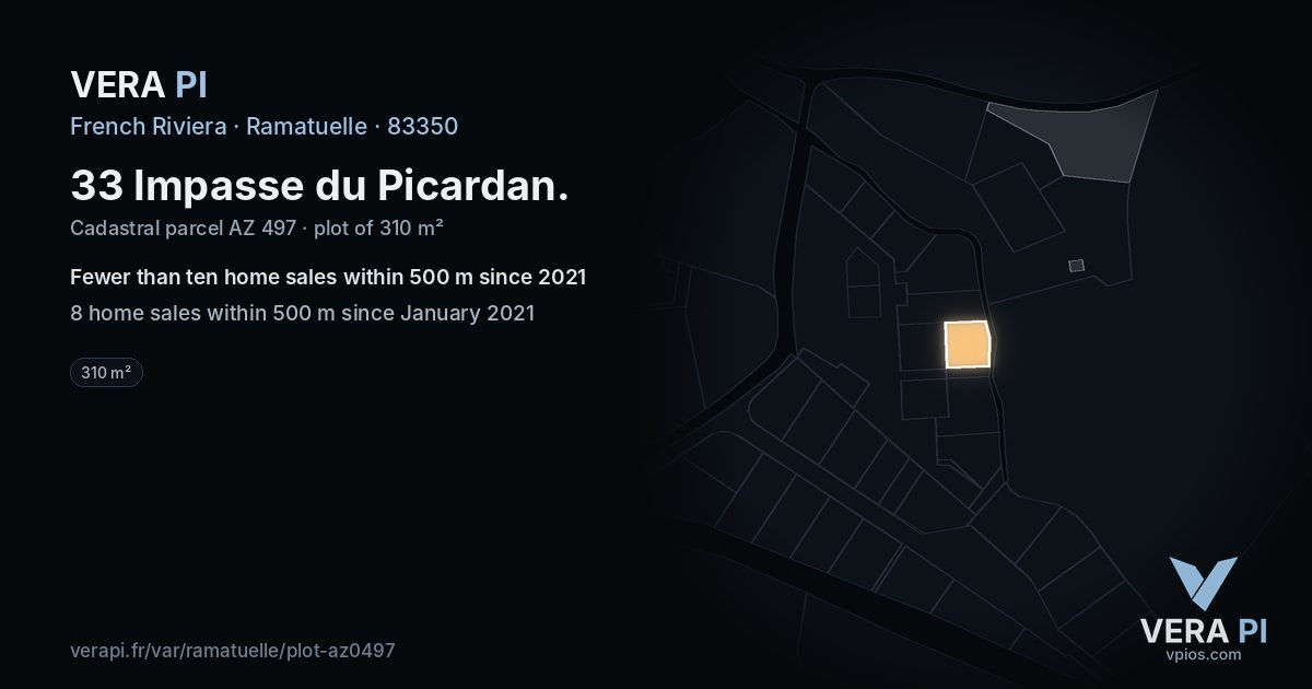 33 Impasse du Picardan, Ramatuelle at night – the plot lit, the parcels around coloured by the prices near them