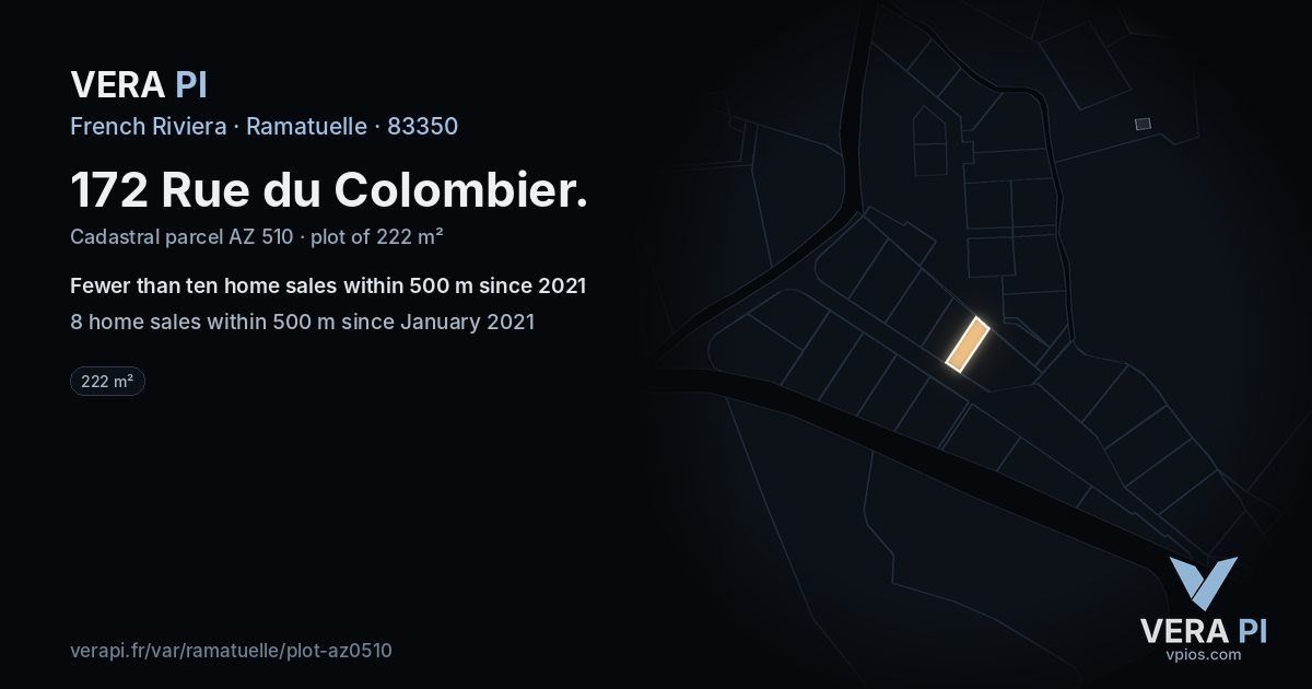 172 Rue du Colombier, Ramatuelle at night – the plot lit, the parcels around coloured by the prices near them