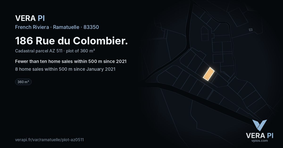 186 Rue du Colombier, Ramatuelle at night – the plot lit, the parcels around coloured by the prices near them