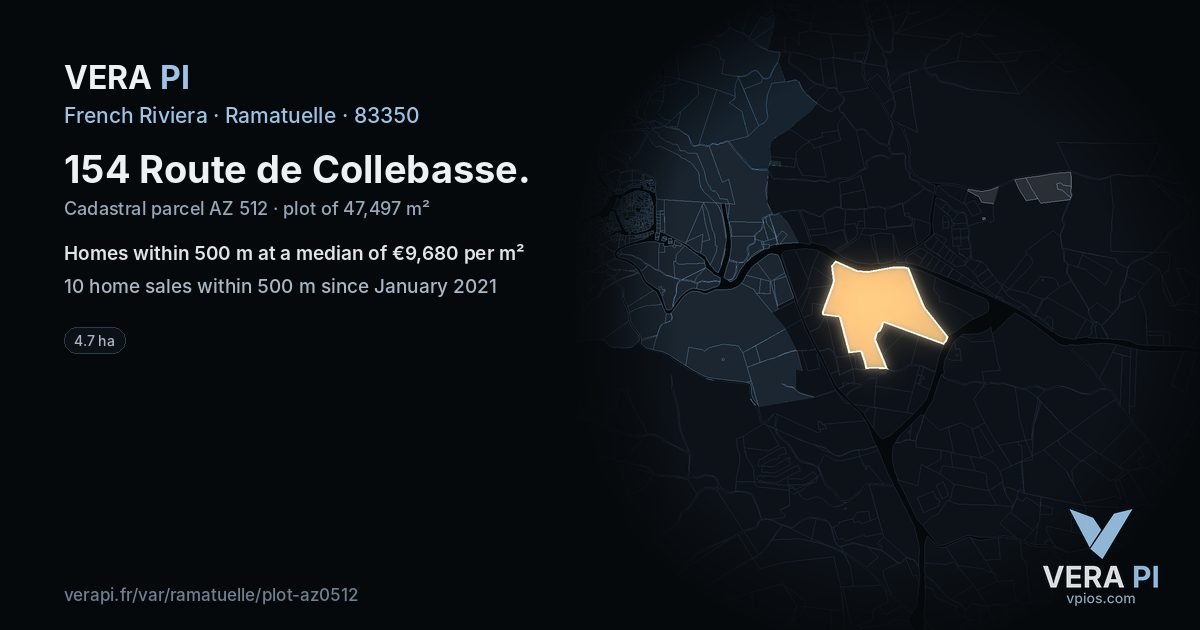 154 Route de Collebasse, Ramatuelle at night – the plot lit, the parcels around coloured by the prices near them