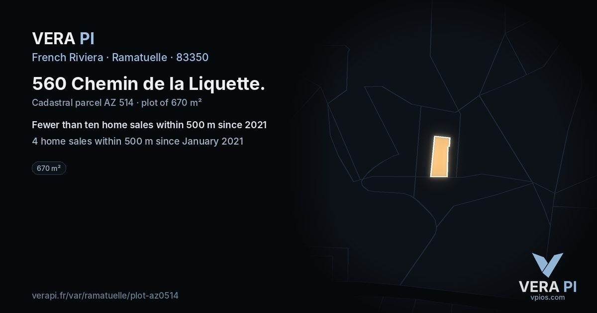 560 Chemin de la Liquette, Ramatuelle at night – the plot lit, the parcels around coloured by the prices near them