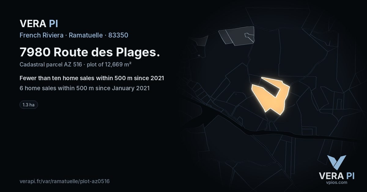 7980 Route des Plages, Ramatuelle at night – the plot lit, the parcels around coloured by the prices near them