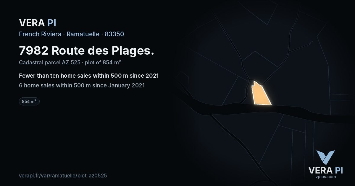 7982 Route des Plages, Ramatuelle at night – the plot lit, the parcels around coloured by the prices near them