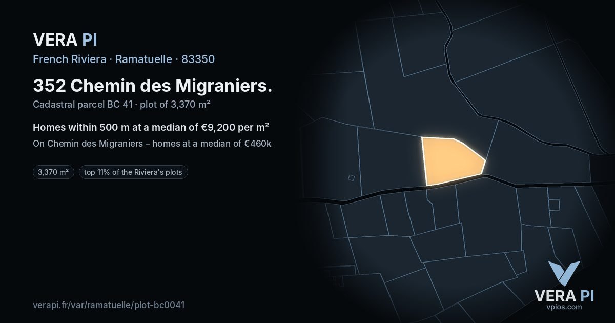 352 Chemin des Migraniers, Ramatuelle at night – the plot lit, the parcels around coloured by the prices near them