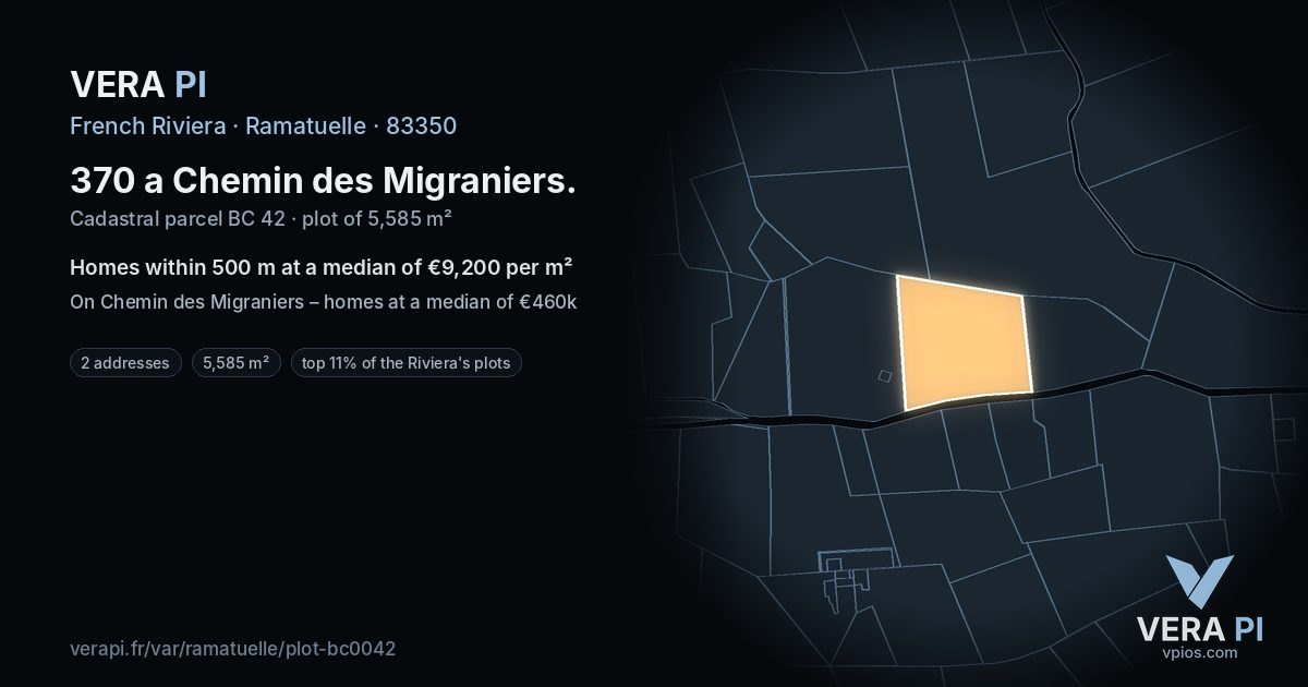 370 a Chemin des Migraniers, Ramatuelle at night – the plot lit, the parcels around coloured by the prices near them