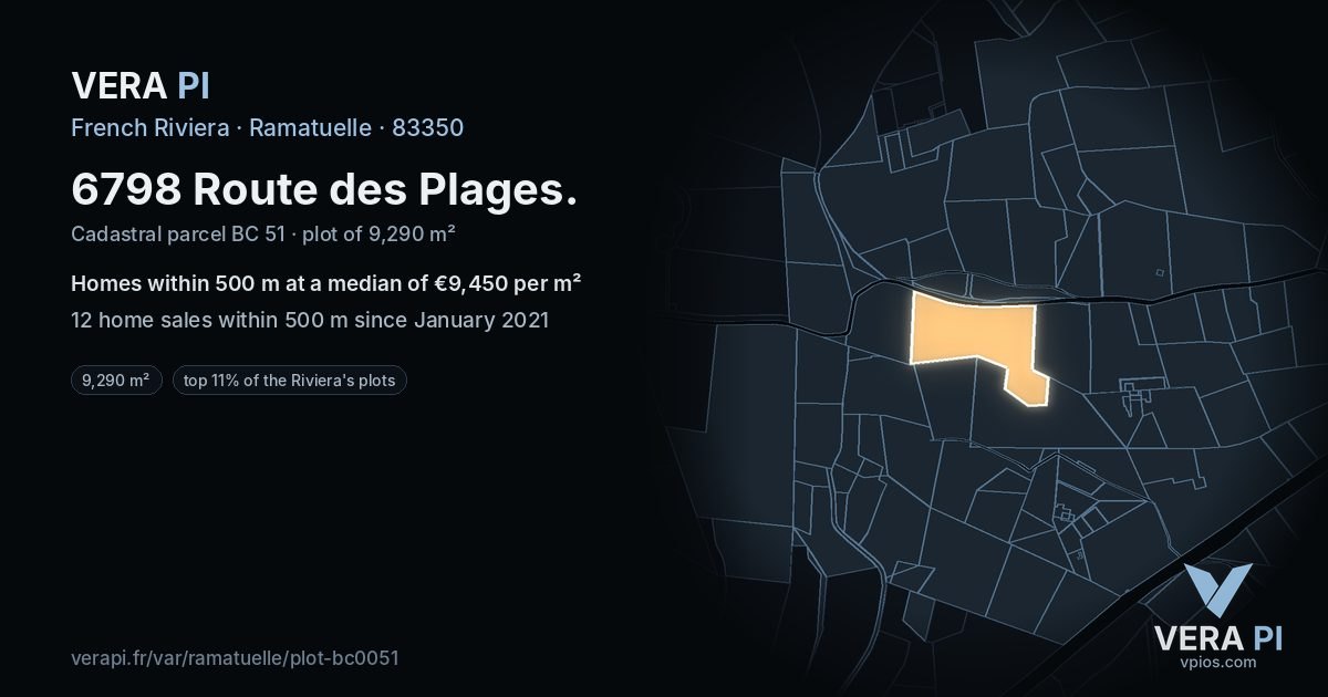 6798 Route des Plages, Ramatuelle at night – the plot lit, the parcels around coloured by the prices near them