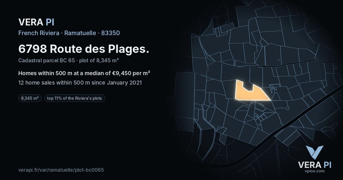 6798 Route des Plages, Ramatuelle at night – the plot lit, the parcels around coloured by the prices near them
