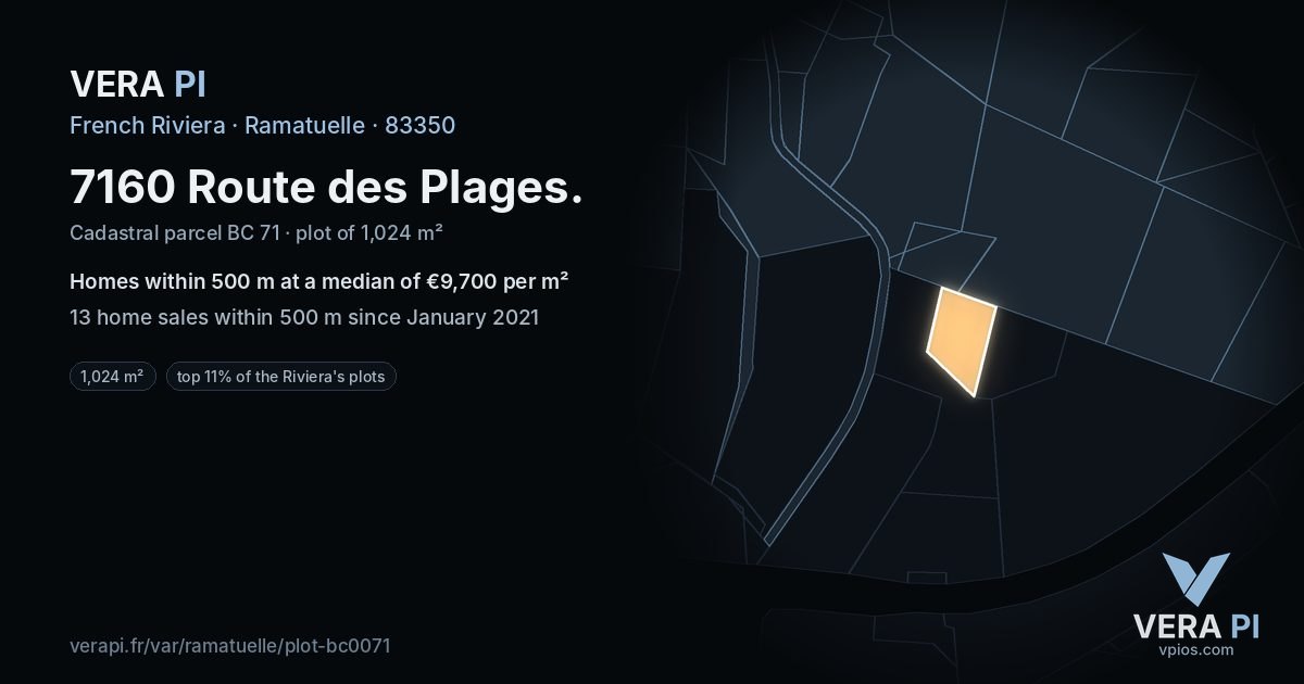 7160 Route des Plages, Ramatuelle at night – the plot lit, the parcels around coloured by the prices near them