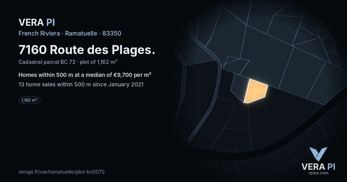 7160 Route des Plages, Ramatuelle at night – the plot lit, the parcels around coloured by the prices near them