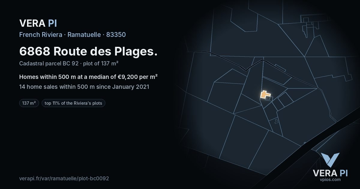 6868 Route des Plages, Ramatuelle at night – the plot lit, the parcels around coloured by the prices near them