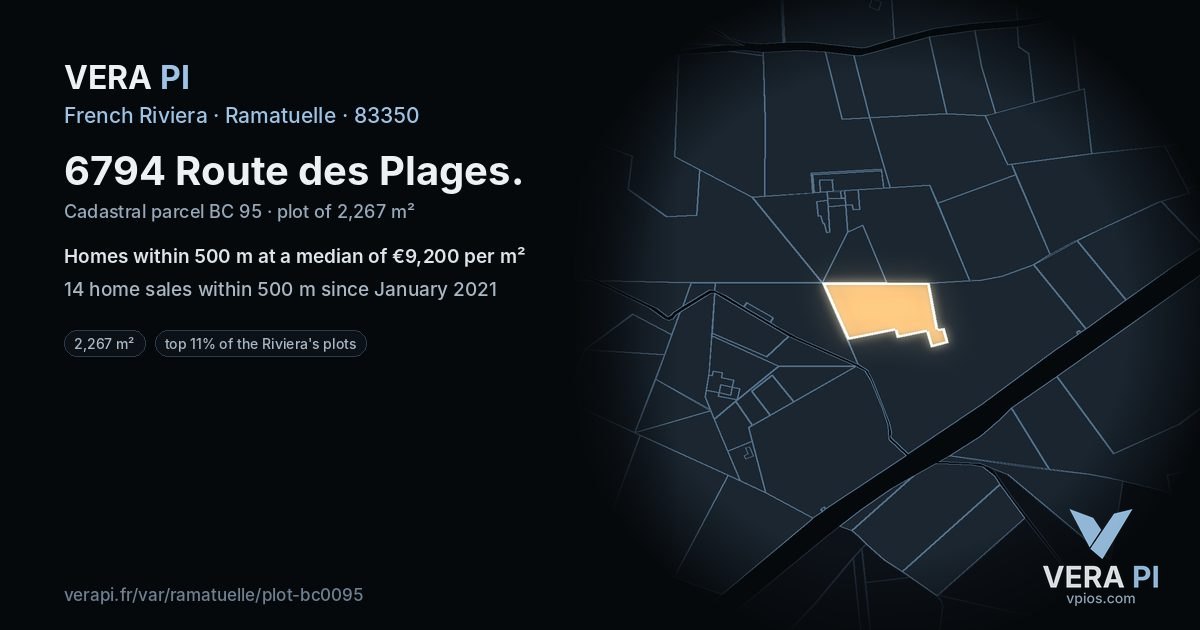 6794 Route des Plages, Ramatuelle at night – the plot lit, the parcels around coloured by the prices near them