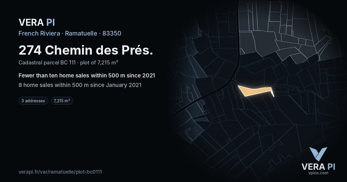 274 Chemin des Prés, Ramatuelle at night – the plot lit, the parcels around coloured by the prices near them