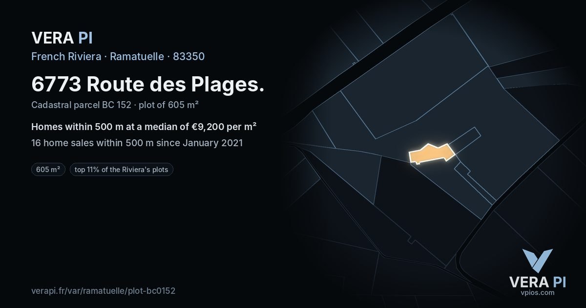 6773 Route des Plages, Ramatuelle at night – the plot lit, the parcels around coloured by the prices near them