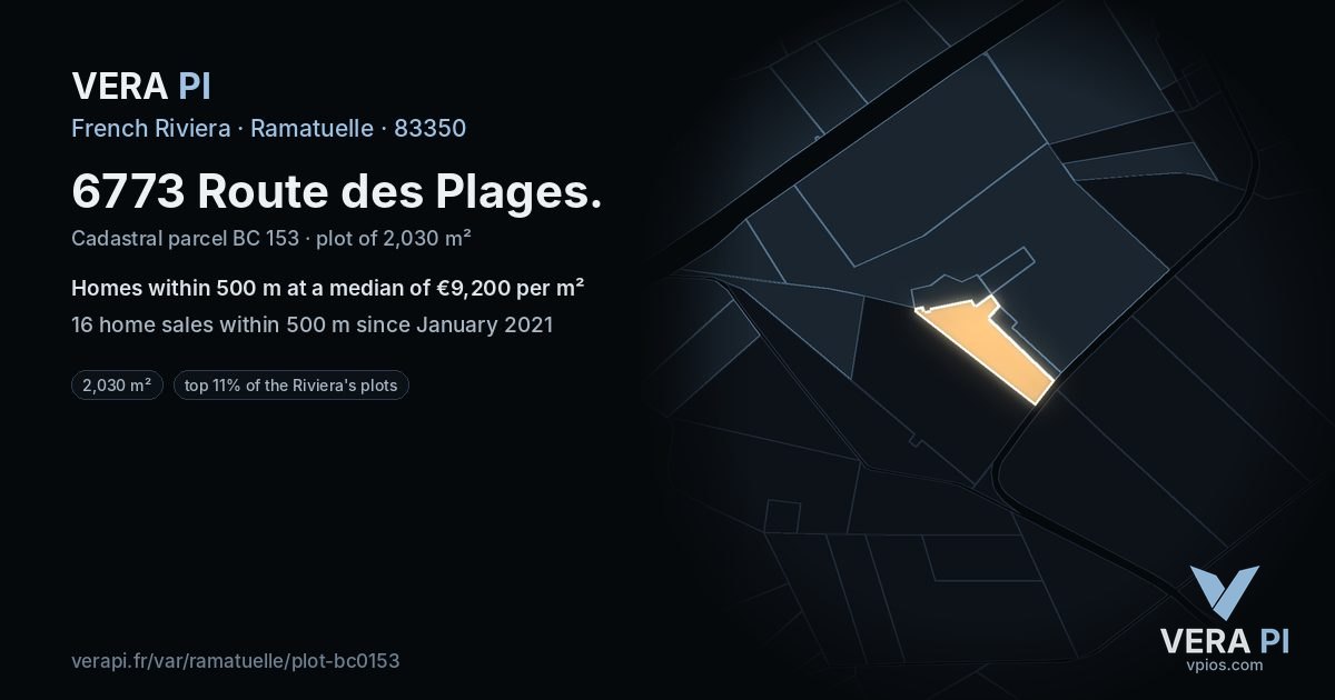 6773 Route des Plages, Ramatuelle at night – the plot lit, the parcels around coloured by the prices near them