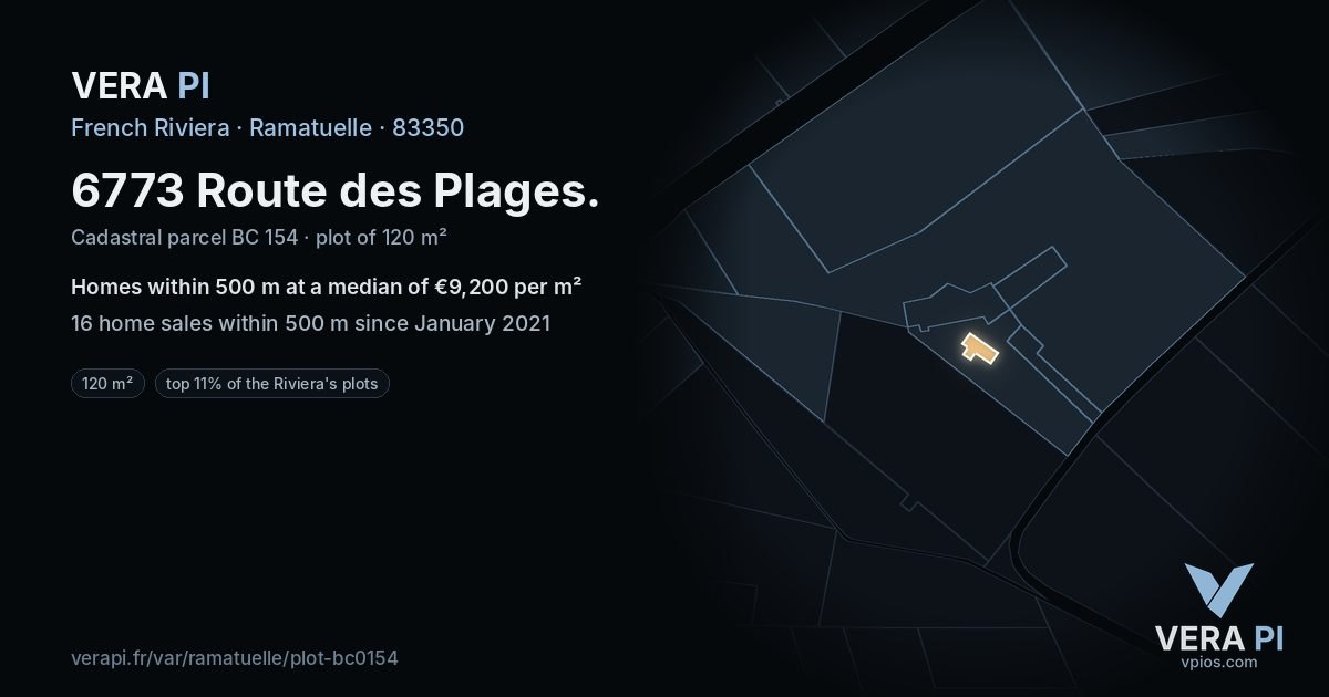 6773 Route des Plages, Ramatuelle at night – the plot lit, the parcels around coloured by the prices near them