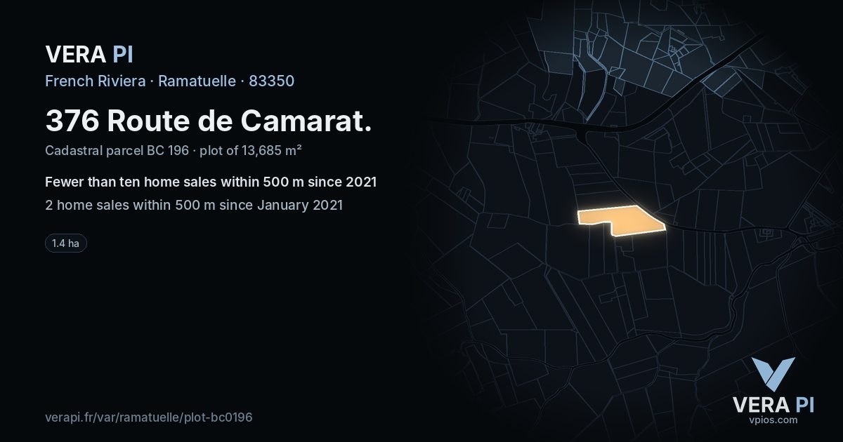 376 Route de Camarat, Ramatuelle at night – the plot lit, the parcels around coloured by the prices near them