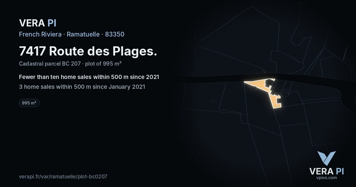 7417 Route des Plages, Ramatuelle at night – the plot lit, the parcels around coloured by the prices near them