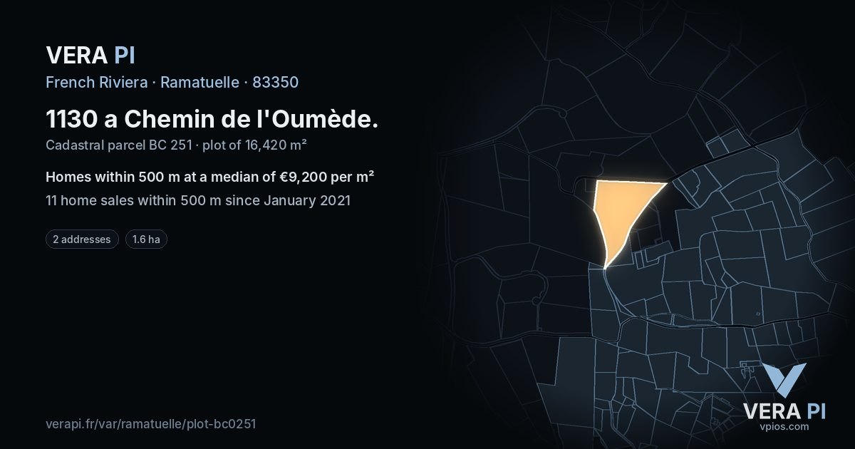 1130 a Chemin de l'Oumède, Ramatuelle at night – the plot lit, the parcels around coloured by the prices near them