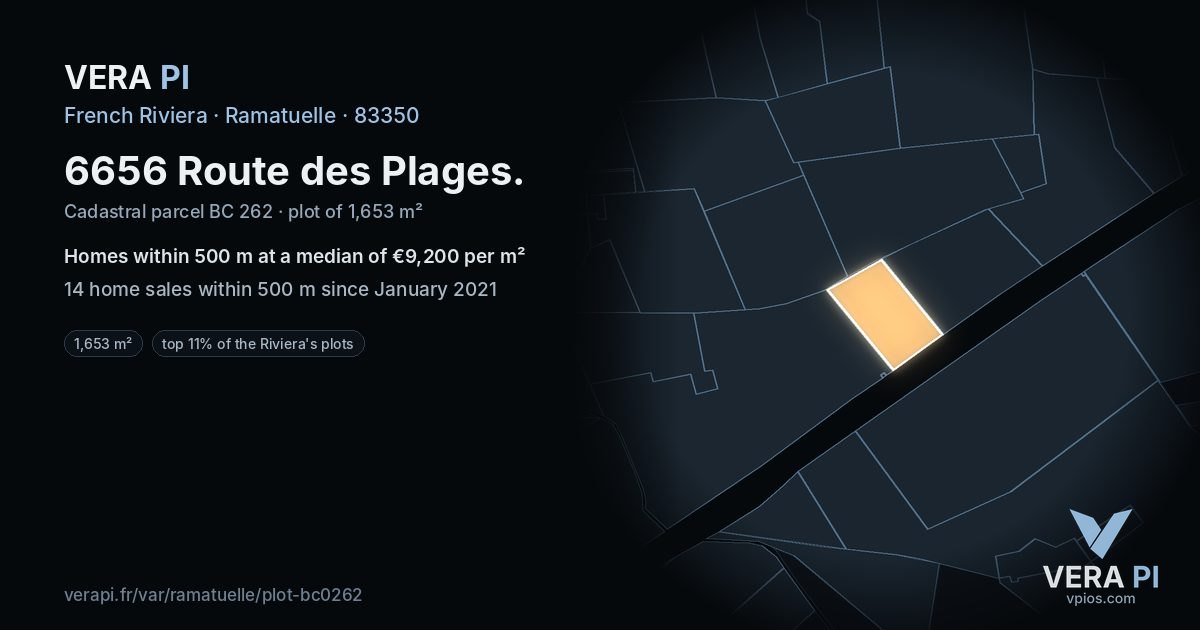 6656 Route des Plages, Ramatuelle at night – the plot lit, the parcels around coloured by the prices near them