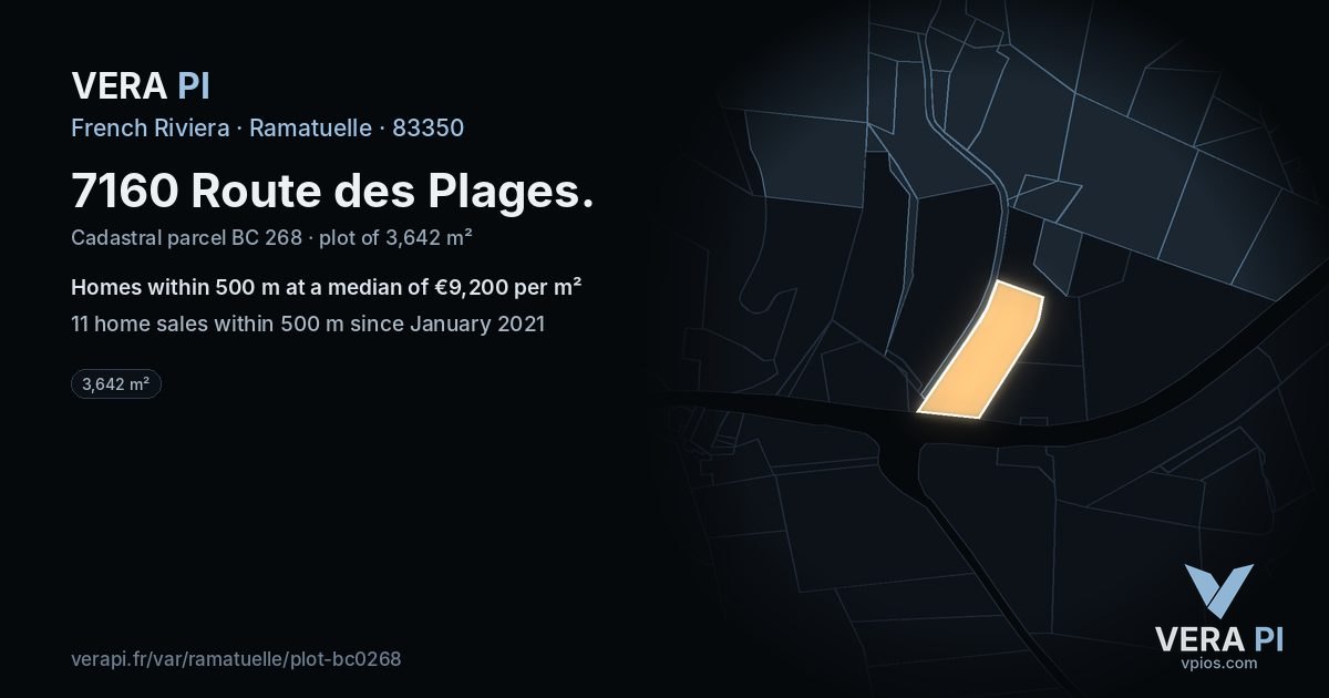 7160 Route des Plages, Ramatuelle at night – the plot lit, the parcels around coloured by the prices near them