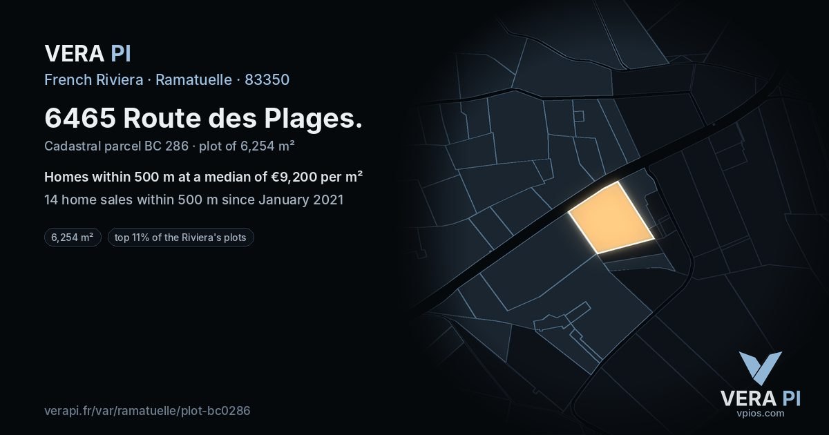 6465 Route des Plages, Ramatuelle at night – the plot lit, the parcels around coloured by the prices near them