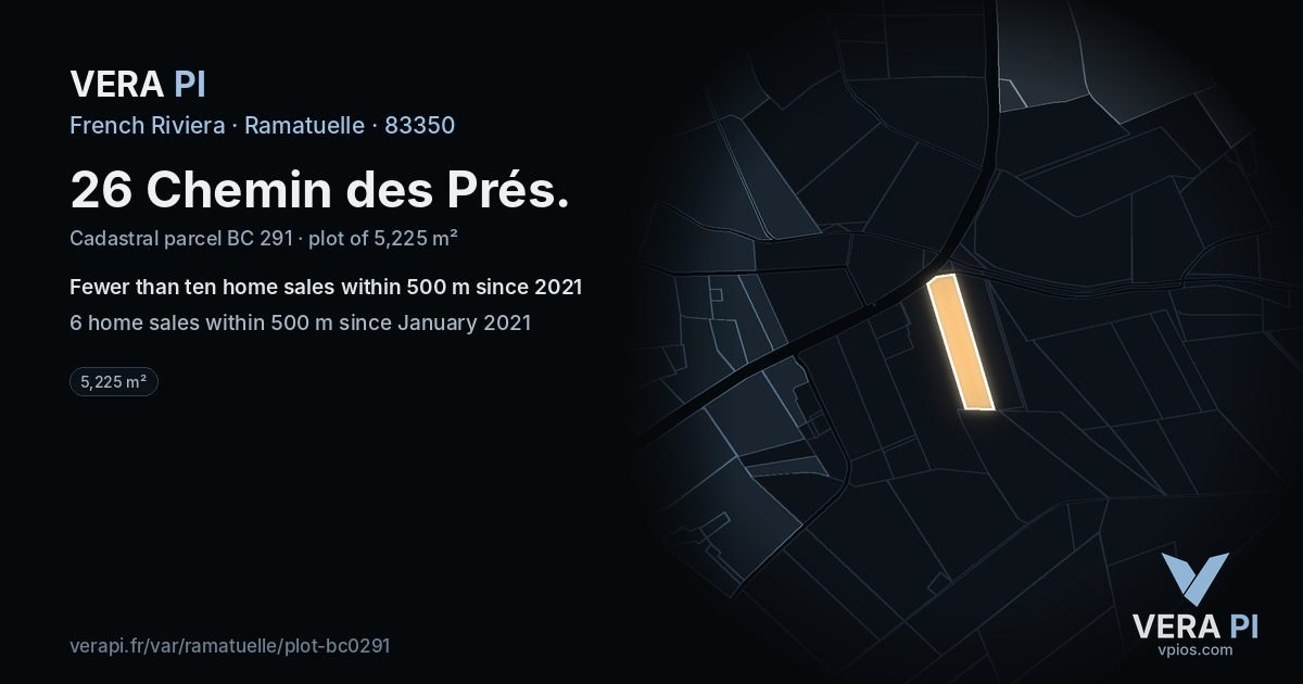 26 Chemin des Prés, Ramatuelle at night – the plot lit, the parcels around coloured by the prices near them
